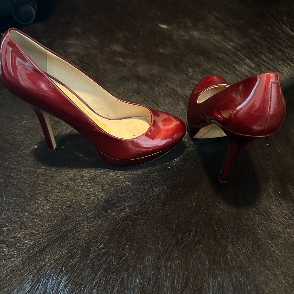 Joan and David red patent leather heels